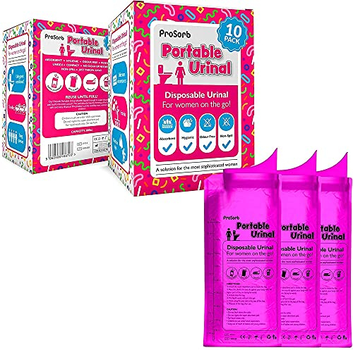 Prosorb Disposable Portable Travel Urinal Toilet Urine Pee Bag with Super Absorbent Pad, Pink - Pack of 10 Bags, Traffic Jam, Camping, Car,