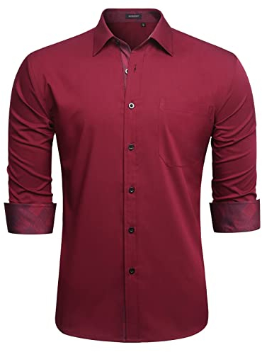HISDERN Men's Red Classic Collar Dress Shirts Long Sleeve Button Down Formal Casual Business Shirts for Men Regular Fit Wedding Party Work with Pockets