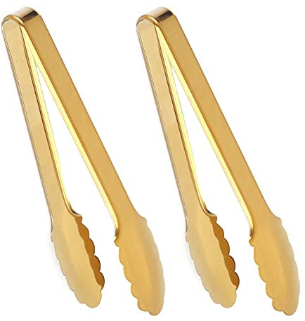 IAXSEE Confezione da 2 pinze da portata dorate da 20 cm, pinze da insalata, pinze da buffet antiscivolo e facili da impugnare, in acciaio inox placcato oro per buffet, insalata, ghiaccio, forno