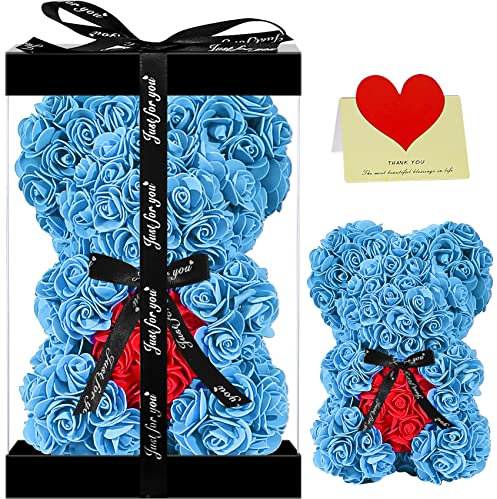 Rosenbär – niedlicher Teddybär – tolles Geschenk für Valentinstag, Muttertag, Jahrestag, Geburtstage, Brautpartys – transparente Geschenkbox inklusive, 25,4 cm hoch (blau)