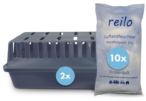 reilo Luftentfeuchter Set, 2x XXL Box + 10x 1kg Oceanduft Granulat | Komplettset gegen Feuchtigkeit & Schimmel, Granulat mit Oceanduft – stromlos, für Keller, Auto, Wohnmobil & Boot