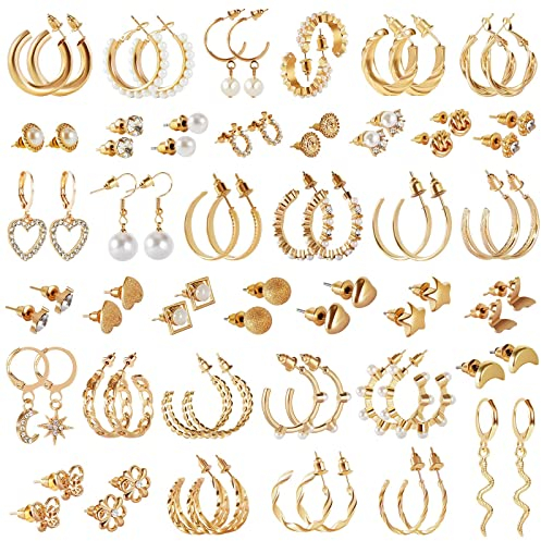 Menwings 39 Paar Damen Gold Ohrringe Set, Mädchen Mode Perle Ohrringe, Creolen Ohrstecker, Hypoallergen Gold Piercing Kleine, Geburtstag Party Schmuck Geschenke