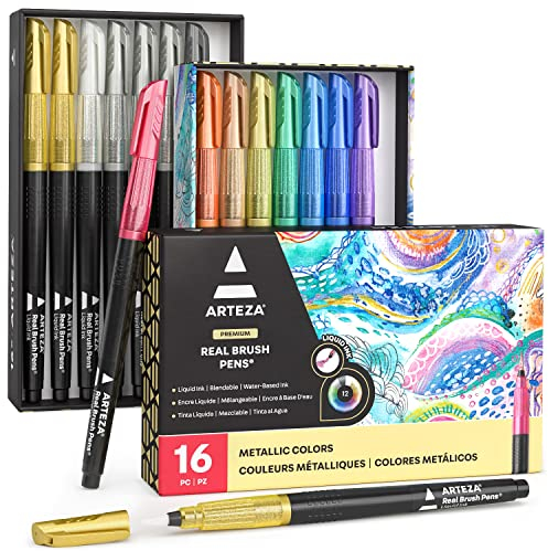 ARTEZA Metallische echte Pinselstifte, 16 Farben, mischbare Aquarell-Marker, flüssige Tinte, Kunstzubehör für Beschriftungen, Kalligraphie und Scrapbooking