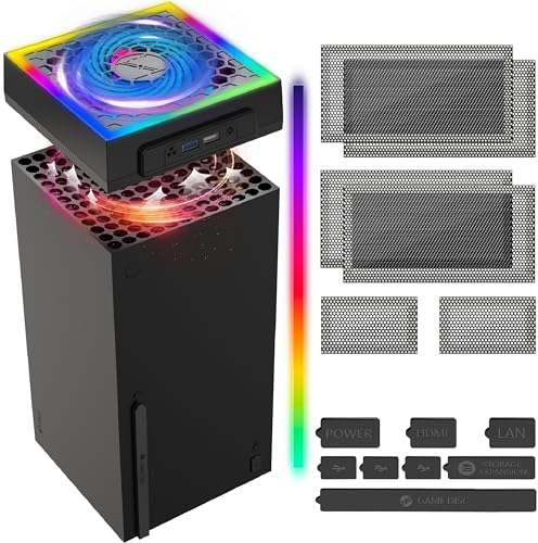 INITMMO Ventilateur de refroidissement anti-poussière pour Xbox Series X avec bande lumineuse colorée, système de refroidissement supérieur silencieux, lumière LED RVB et interrupteur tactile