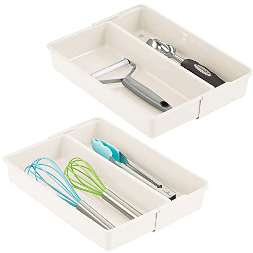 mDesign Cubertero extensible – Prácticos organizadores de cubiertos con 2 compartimentos para la cocina – Separador de cajones antideslizante de plástico sin BPA – Juego de 2 – color crema