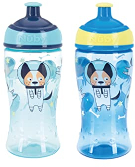 Nuby Super Slurp Water Bottle - No Spill Active Toddler Sippy Cup | 360ml / 12oz |Easy Grip | Dishwasher Safe | Suitable Beaker for 18 Months Plus (Astronauts, Pack of 2), 048526890477