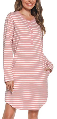 Vlazom Ladies Cotton Nightdresses,Soft Stripes Nightshirt for Women Long Sleeve Sleep Dress Sleepwear with Pockets, A-Pink, L