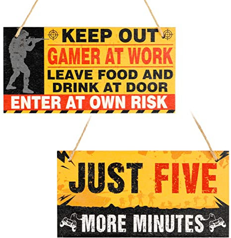 2pcs Funny Gaming Signs Just Five More Minutes Wooden Sign Hanging Game Signs Bedroom Door Sign with Jute Rope for Boys Birthday Xmas Gift