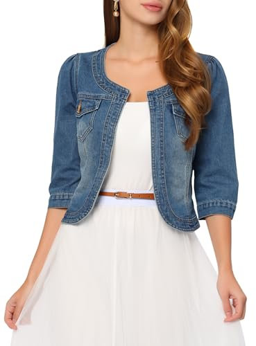 Allegra K Women's Short Denim Jacket Collarless 3/4 Sleeve Jean Jackets Blue L