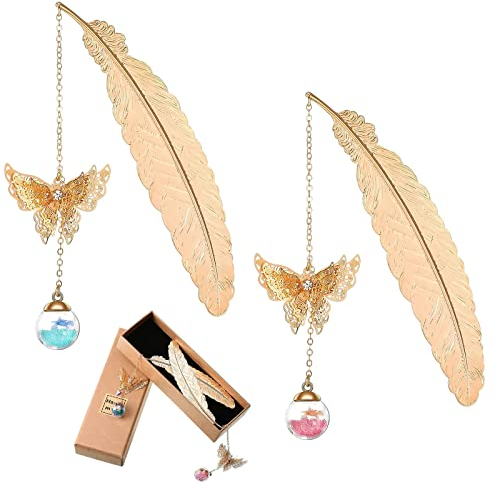 2 Pcs Metall Feder Lesezeichen mit Schmetterling und Glasperlen Anhänger, Ideales Weihnachten/Geburtstag Geschenke für Junge Frauen Lehrerinnen Mama Damen Freundin Oma Adventskalender Füllung Ideen