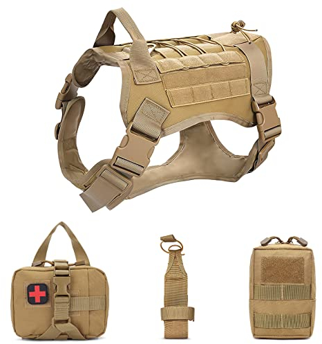 Hundegeschirr mit MOLLE System - ALLSOPETS Geschirr für Mittel- und Große Hunde mit Wasserflaschentasche Erste-Hilfe-Tasche und Mehrzwecktasche (Khaki, M)
