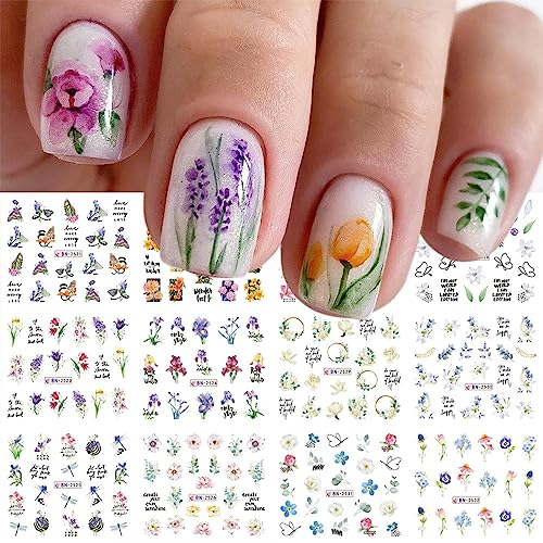 Kireida® 12 Bögen Blumen-Nagelkunst-Aufkleber, Tulpenblüten-Aufkleber,Orchidee,Text Designs für Nageldekorationen für Damen,Nageldesign Zubehör und Dekoration(Farbe)