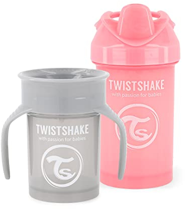 TWISTSHAKE Tazas Antiderrame Para Bebés - Set De 2 | 1x Taza 360 + 1x Taza Con Asa | Tazas De Entrenamiento Para Niños | Biberón De Aprendizaje | Gris Rosa