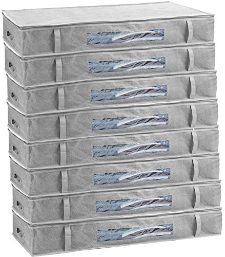 Unterbettkommode 8er Set, Unterbett Aufbewahrungsbox für Bettkasten Aufbewahrung, Unterbettkommoden je ca. 100 l Volumen, Aufbewahrungstasche für Decken, Kissen und Kleider mit Sichtfenster, grau