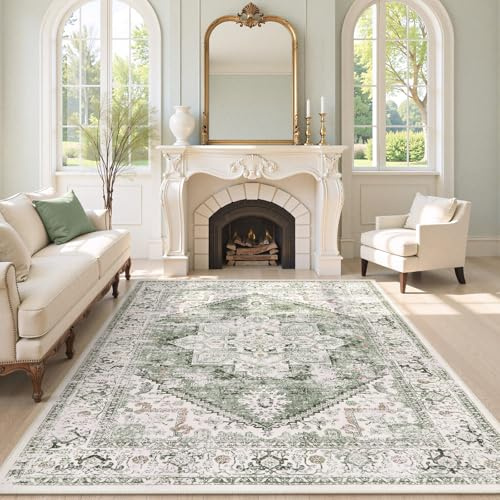 LIVEBOX Washable Area Rug 8x10 - Large Vintage Tribal Living Room Rug Oriental Rugs for Bedroom, Non-Slip Retro Medallion Carpet Print Distressed Rugs for Dining Room Home Office Sage