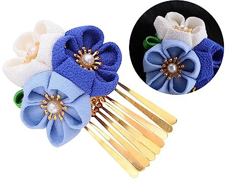 Beavorty Barrette à Cheveux Kimono En Tissu Bleu Taille Moyenne Style Japonerie Fleurie Pour Femmes Accessoires Cheveux Hanfu Cérémonie