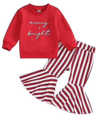 Geagodelia Little Kid Baby Girl Christmas Outfit Red Striped Trousers + Sweatshirt Long Sleeve Top Newborn My First Christmas Clothes Set (110402#Red, 18-24 Months)