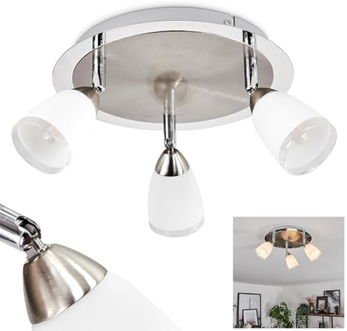 Deckenleuchte Holualoa, moderne Deckenlampe aus Metall/Glas in Nickel-matt/Weiß/Klar, Leuchte mit verstellbaren Schirmen aus Glas (Ø 6 cm), 3-flammig, 3 x G9 LED inkl., 245 Lumen, 3000 Kelvin