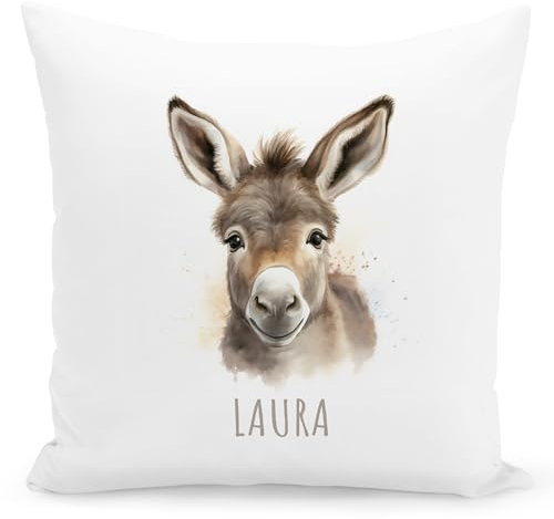 DEL MÀ Unique & Personal Esel Kissen personalisiert mit Namen Kinderkissen Kuschelkissen Kinder Geschenk Kinderzimmer Deko Junge Mädchen Zierkissen Dekokissen 40x40 cm inkl. Füllung und Bezug