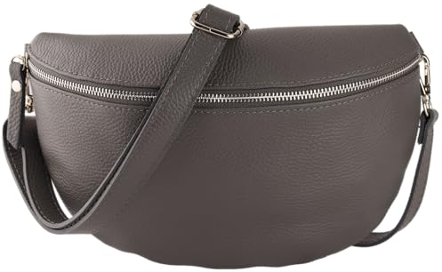 MIRROSI® Bauchtasche Damen, Made in Italy, Echtleder Umhängetasche Echtes Leder, Brusttasche, Crossbody Bag aus Echtem Leder, in 3 Größen erhältlich (Dunkelgrau Silberner Reißverschluss) (Gr.L)