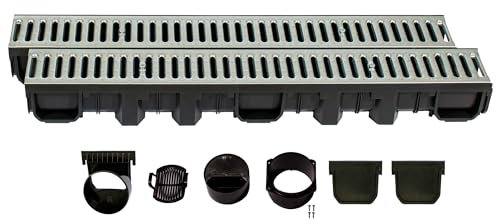 ScarMaxx - A15 Entwässerungsrinne Set - Bodenrinne - Regenwasser-Ablauf - Abfluss mit Gitter - Drainagekanal - Flach - Kunststoff - Bauhöhe 115 mm - mit Stegrost Stahl Verzinkt - 2m