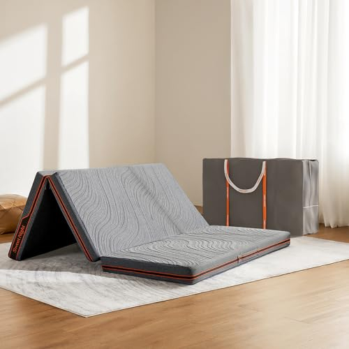 Sweetnight Trifold Matratze mit Tragetasche, 10,2 cm, tragbare Bodenmatratze mit atmungsaktivem und waschbarem Bezug, Faltbare Matratzenauflage für Reisen, Camping, Gäste, Grau, Twin XL
