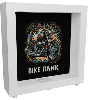 Chopper-Motorrad Rahmen Spardose aus Holz mit Spruch Bike Bank Glänzender Metallglanz Chrom-Auspuff Custom-Bike Highlight Sparen im Zweirad-Stil
