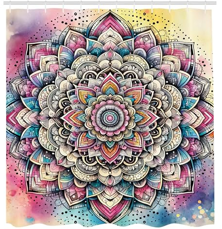 ABAKUHAUS Bunt Duschvorhang, Orientalischer Traum blühendes Mandala und zarte Blüten auf wirrem Fantasiehintergrund, Stoffliches Gewebe mit Haken, 175 x 200 cm, Türkis Pink Lila