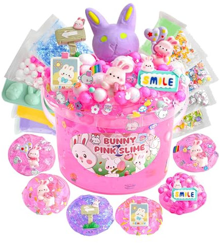 LAWOHO Kit de slime lapin de 300 ml, rose transparent pour cadeaux de fête d'enfants avec 10 ajouts, slimes antiadhésifs avec argile d'œufs de Pâques, panier de Pâques pour anniversaire, Noël, kit de