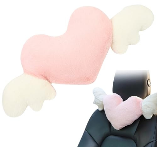 KYEQATY KopfstüTze Auto Kissen Kawaii Auto Nackenkissen KopfstüTze Mit EngelsflüGeln Autositz KopfstüTze HerzföRmiges Nackenkissen FüR Auto Weich Bequem Niedliches AutozubehöR FüR Reisen Auto Stil1