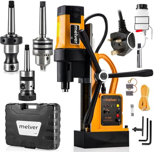 MELVER Magnetic Drill Press Machine MV-28RE High Power 1800W, 230V Industrial Steel Mag Drill, Reverse Rotation, Drilling up to 80mm Tapping up to M18, Weldon Shank 19 mm, MT3, Accessory Kit Set 3