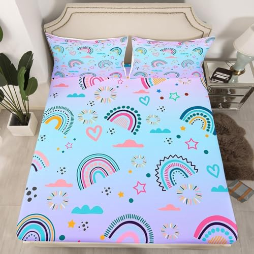 3D Spannbettlaken 90x200 Regenbogen Bettlaken Weiches Atmungsaktiv Spannbetttücher Regenbogen Mikrofaser Spannbetttuch Tiefe Tasche 30 cm Mit 2 Kissenbezügen 80x80 cm ii2822