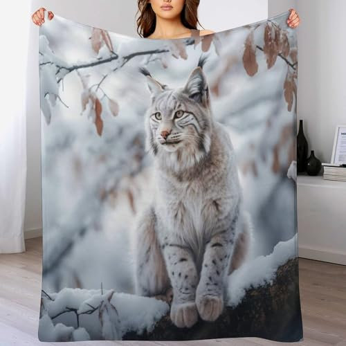 Luchs Decke Vier Jahreszeiten Bett Wohndecke Kuscheldecke Extra Dick & Warm Sofadecke/Couchdecke Flannel Sofaüberwurf Superweich Und Flauschig Fleecedecke(130×180cm)