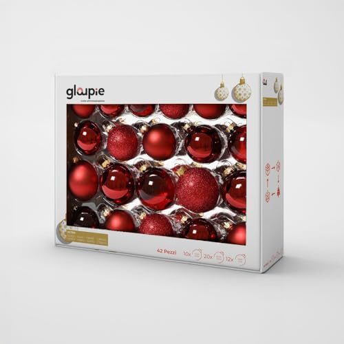 GLOUPIE Box 42 Palline Per Albero Di Natale In Vetro Resistente Bordeaux, 3 Misure Ø 7, 6, 5 cm, In Diverse Finiture,Confezione Elegante