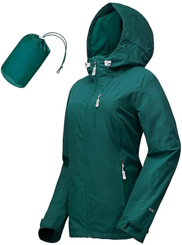33,000ft Regenjacke Damen Wasserdicht Outdoorjacke Atmungsaktiv Herbst Übergangsjacke Leichte Jacke mit Kapuze Windbreaker zum Wandern Reisen Treking Fahrrad Cyan Grün 42