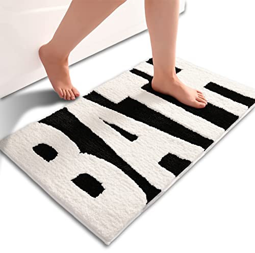 Tapis de Salle de Bain Tapis de Salle de Bain Noir et Blanc Lettres de Bain Tapis de Salle de Bain Doux Absorbant Lavable Séchage Rapide Tapis de Bain Confortable pour Baignoire, c