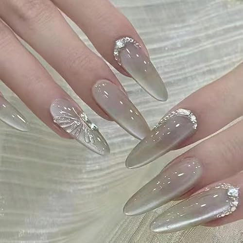 30pcs Cat Eye False Nails Long Almond Press on Nails Nude Fake Nails 3D Butterfly Rhinestone Stick on Nails Removable Glue on Nails Acrylic Full Nail Tips Cute Elegant Women Nail Art Accessories