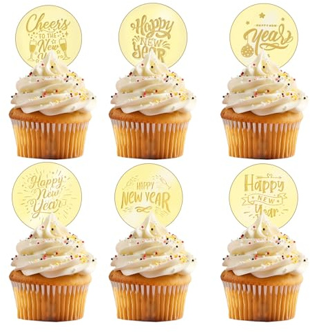 URROMA Cupcake-Topper, 30 Stück, Acryl, rund, Happy New Year-Kuchenscheiben, Spiegel-Acryl-Kuchenspieße, graviert, personalisierte Acryl-Kuchendekoration, Partyzubehör