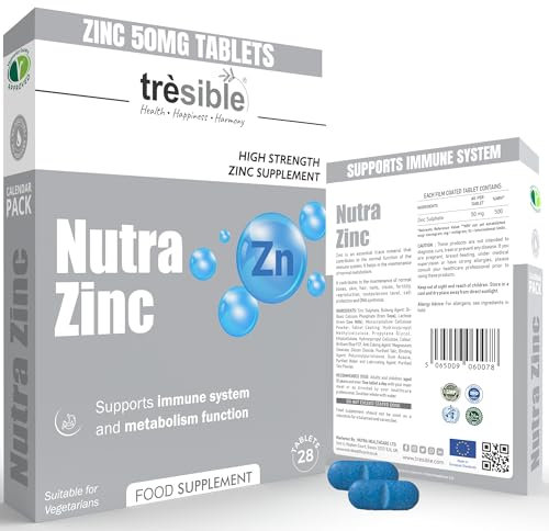 Tresible High Strength Zinc Tablets 50mg (1 Month Supply) - Unflavoured Vegetarian Zinc Supplements for Immune Health, Fertility and Antioxidant Support - Highly Absorbable for Hair, Nails, and Skin