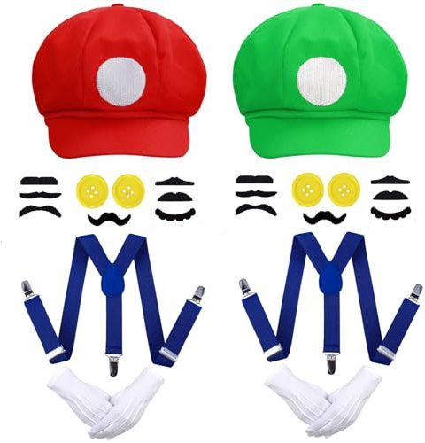 Mario und Luigi Kostüm, Karneval Kostüm, Mario Kostüm Kinder, Mario und Luigi Mütze Schnurrbärte Handschuhe Gelbe Knöpfe, Mario Luigi Partnerkostüme Erwachsene für Kinder Damen Herren
