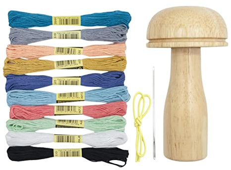 Darning Wool, Wooden Darning Yarn Sewing Supplies Kit for Home, Sock Darning Kit, Darning Needles and Mushroom Sock Darning Kit Mushroom Patching Threads Tool Sewing Travel Handicraft