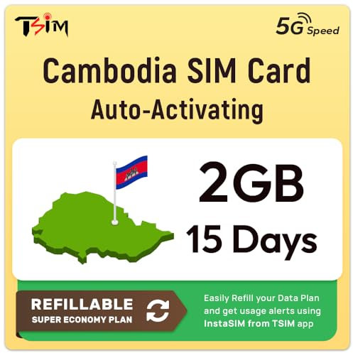 Cambodia SIM-Karte | 2GB Super Economy Nachlade-Tarif! Automatische Aktivierung, 15 Tage Gültigkeit | 5G-Geschwindigkeit + Hotspot | Nur Daten, Keine Telefonnummer