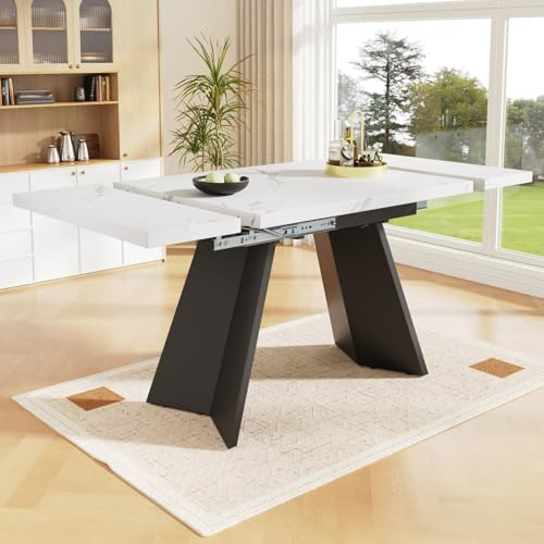 PUGSDRLY Table a Manger Extensible 99-159×74x77cm,Table de Salle à Manger Rectangulaire Multifonctionnelle,Moderne Minimaliste,Design Pieds en Colonne,pour Cuisine Bureau et Salon (Style-C)