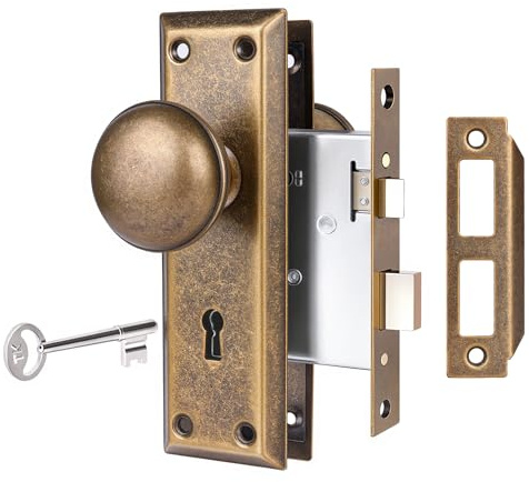 Newliplace - Interior Door Mortise Lock Set, Classic Door Knobs with Lock and Skeleton Key, Antique Brass Door Knobs for Antique Style Doors