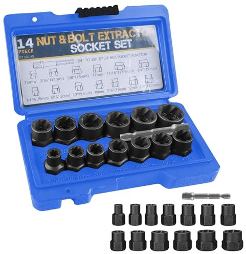 PRITOK Juego de extractores de tuercas de 14 piezas: juego de extractores de tornillos en espiral, extractor de pernos para quitar tuercas dañadas y oxidadas (6,35 – 19 mm), color negro