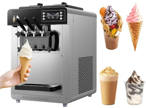 BAOJUHUIKANG 1500W Desktop Soft Ice Cream Machine with Three Flavors, 220V Commercial Ice Cream Machine with LED Display Screen Suitable for Restaurants And Snack Shops