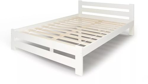 Weißes Massivholz-Bett 100% HOLZBETT -120×200 cm mit hohem Kopfteil – skandinavische Kiefer, inklusive Lattenrost (12‑Latten), hohe Rückenlehne, modern Skandi-/boho‑Stil (160x200)