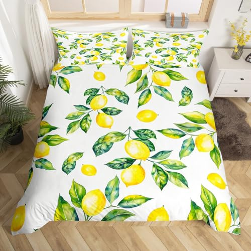 richhome Zitronen-Bettwäsche-Set für Mädchen, Jungen, Kinder, botanisches Zitronenmuster, Bettdeckenbezug-Set, dekorativ, tropische Früchte, gelb-grün, Tagesdecke, Raumdekoration, Steppbezug