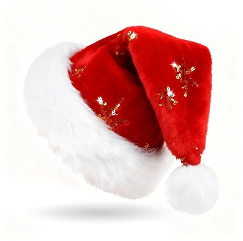Weihnachtsmütze für Erwachsene, Plüsch Nikolausmütze mit Pailletten, Weihnachtsmann mütze, Santa Nikolaus Hat Glitzer Weihnachten Mütze für Männer Frauen Weihnachtsassesoires, Nikolausmütze Glitzer