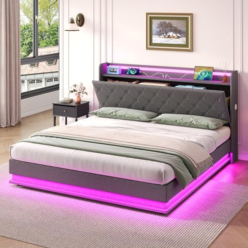 Upholstered Ottoman Bed with Hydraulic Lift & LED Concealed Storage Headboard, 5ft King Size Bed Frame with LED Lighting & Charging Station, Linen Functional Lift Up Storage Beds, Grey, No Mattress